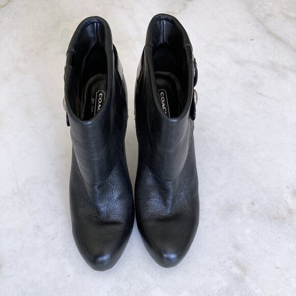 Coach black leather Gene ankle boots / booties, silver hardware, heels, buckles - Picture 2 of 9